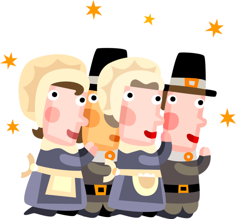 Vector Illustration of Pioneer Pilgrim Men and Women Give Thanks and Pray at First Thanksgiving Celebration