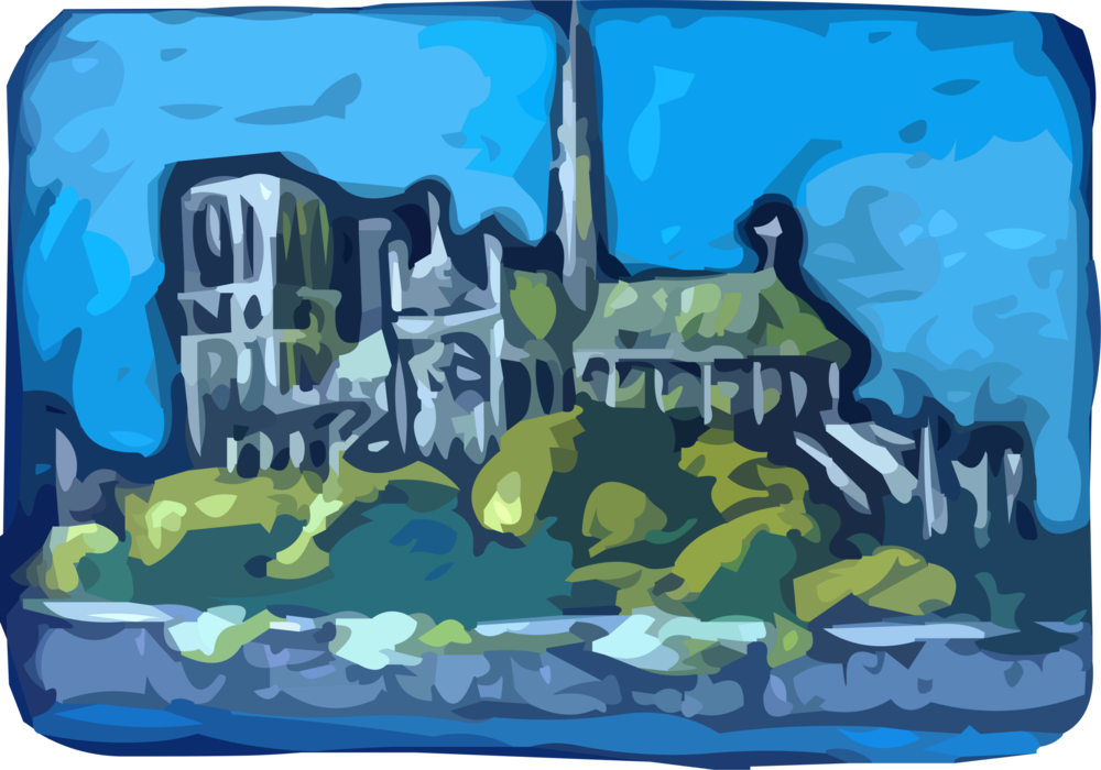 Vector Illustration of Notre-Dame Medieval Catholic Christian Church Cathedral in Paris, France on the River Seine