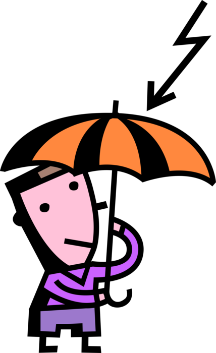 Vector Illustration of Unlucky Man with Umbrella Struck by Lightning