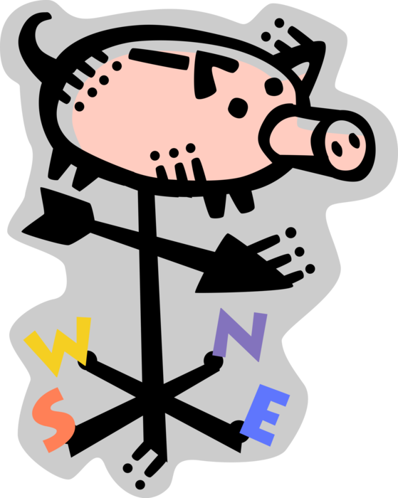 Vector Illustration of Financial Market Weather Vane or Weathercock Wind Direction Indicator with Piggy Bank