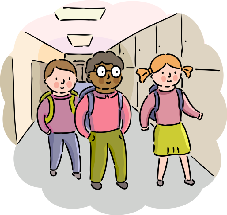 Vector Illustration of Student Best Friends Walk in School Hallway After Arriving for Class