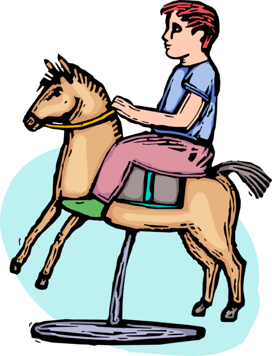 Vector Illustration of Young Child Rides Rocking Horse Toy