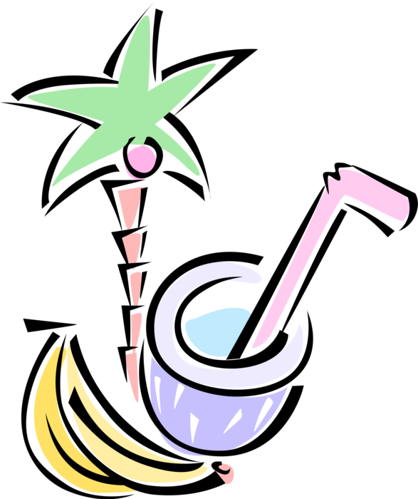 Vector Illustration of Arecaceae Palm Tree, Bananas, and Coconut Drink with Drinking Straw