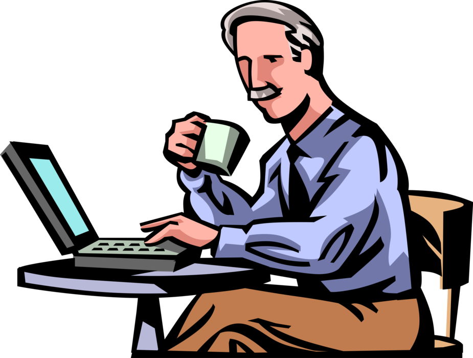 Vector Illustration of Businessman Works with Laptop Notebook Computer While Drinking Cup of Coffee