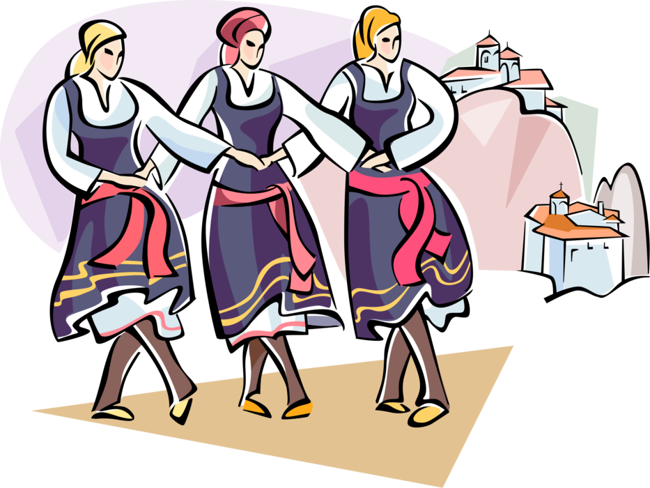 Vector Illustration of Greek Cultural Dancers in Traditional Dress of Greece with Meteora Monasteries on Monolithic Pillars