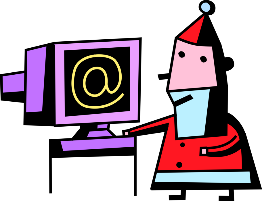 Vector Illustration of Santa Claus Checks Email Messages on Computer