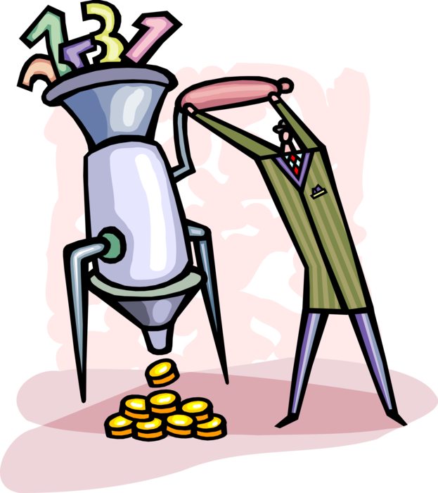 Vector Illustration of Businessman Turning Crank on Grinder Converting Information into Money Earnings Profit