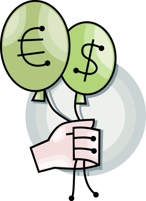 Vector Illustration of Hand Holds Euro and Cash Money Dollar Financial Investment Balloons