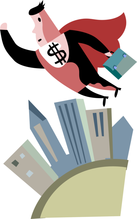 Vector Illustration of Skilled Financial Investor Superhero Celebrates Stock Market Gains in Bull Market