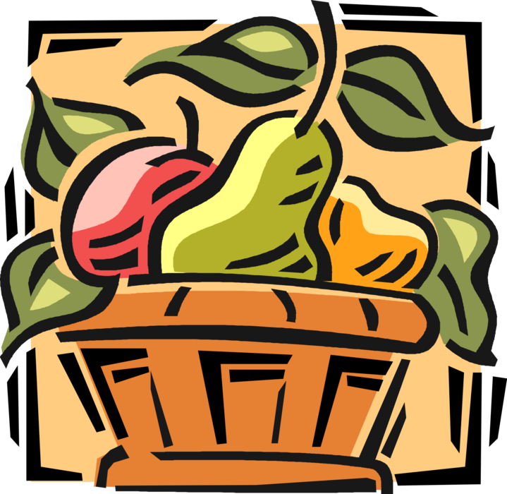 Vector Illustration of Fruit Basket with Pear, Apple and Orange Fruits