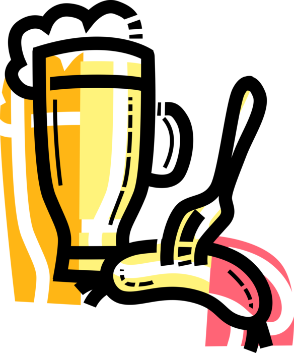 Vector Illustration of Beer Fermented Malt Barley Alcohol Beverage with German Bratwurst Oktoberfest Meat Sausage and Fork
