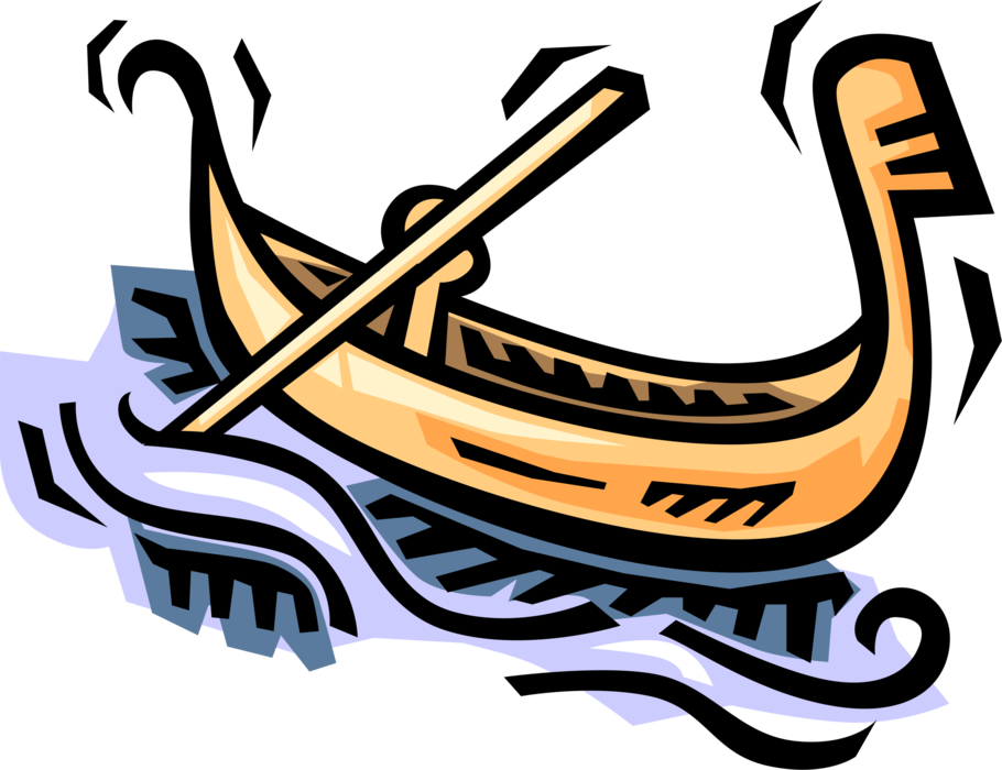 Vector Illustration of Venetian Gondola Steered by Gondolier in Canals of Venice, Italy