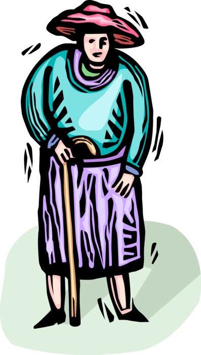 Vector Illustration of Old Woman with Walking Cane for Disabled or Elderly People Needing Balance