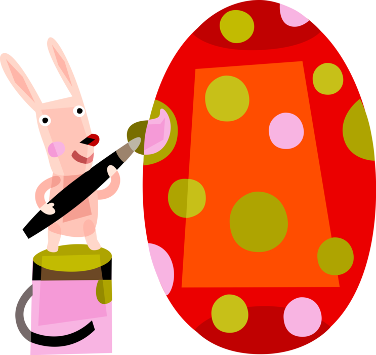 Vector Illustration of Pascha Easter Bunny Rabbit Paints Decorated Easter Egg with Paintbrush