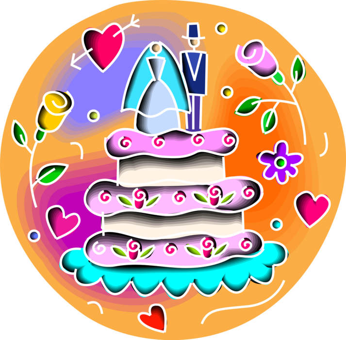 Vector Illustration of Multi-Tiered Wedding Cake Traditional Cake Served at Wedding Receptions with Bride and Groom Topper