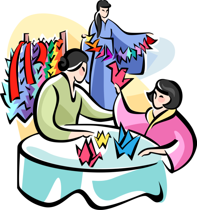 Vector Illustration of Japanese Women Making Origami Paper Birds