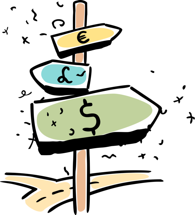 Vector Illustration of Financial Highway Road Sign with Euro, Pound Sterling, and Dollar Money Direction Arrows