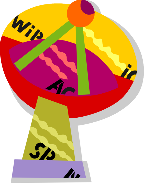 Vector Illustration of Satellite Dish Parabolic Antenna Send and Receive Electromagnetic Signals