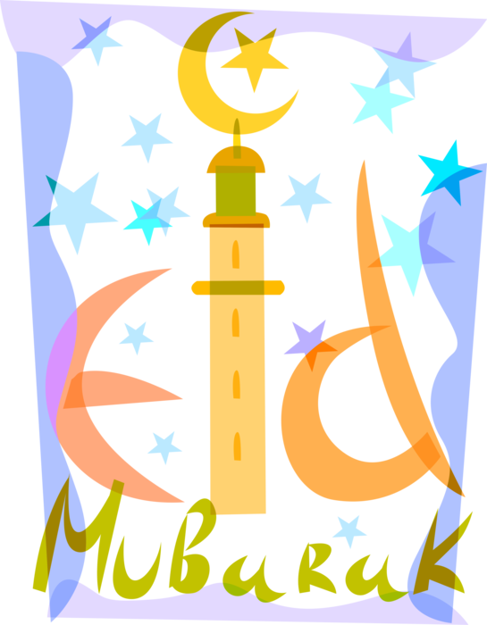 Vector Illustration of Eid Mubarak Greeting used on Festivals of Eid ul-Adha and Eid ul-Fitr with Islamic Muslim Minaret