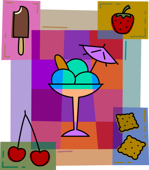 Vector Illustration of Gelato Ice Cream Sundae with Fruit Cherries, Strawberries and Biscuit Cookies