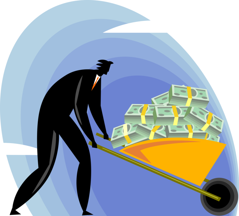 Vector Illustration of Successful Businessman with Wheelbarrow Windfall Bonanza Full of Currency Cash Money Dollar Bills