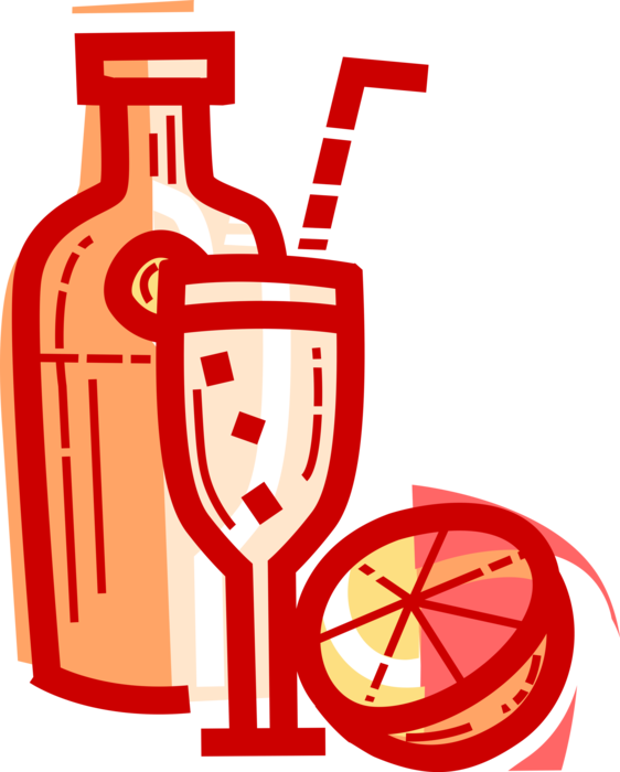 Vector Illustration of Alcohol Beverage Cocktail Mixed Drink in Glass with Liquor Bottle and Citrus Lemon