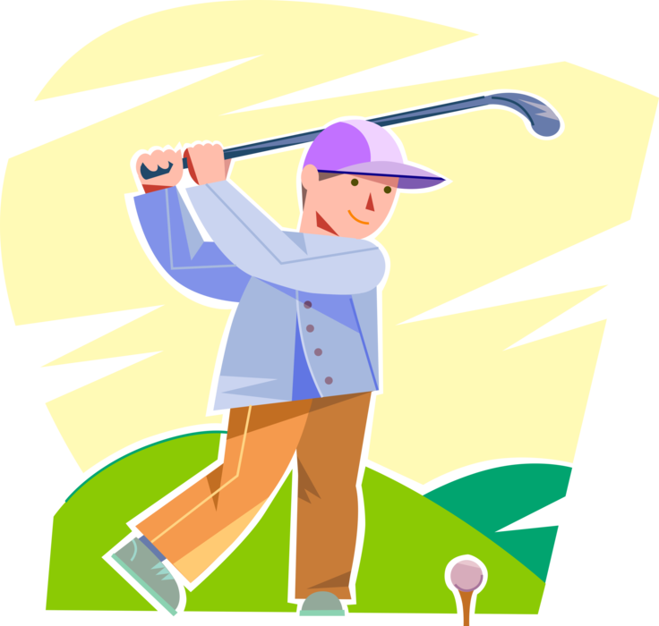 Vector Illustration of Young Golfer Tees Off with Golf Club and Ball While Golfing on Golf Course