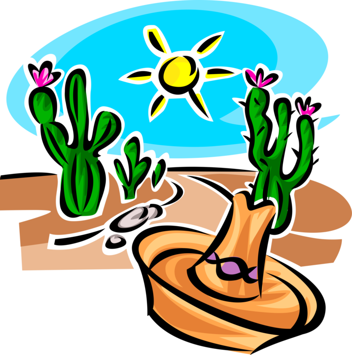 Vector Illustration of Desert Vegetation Succulent Cactus and Mexican Sombrero Hat