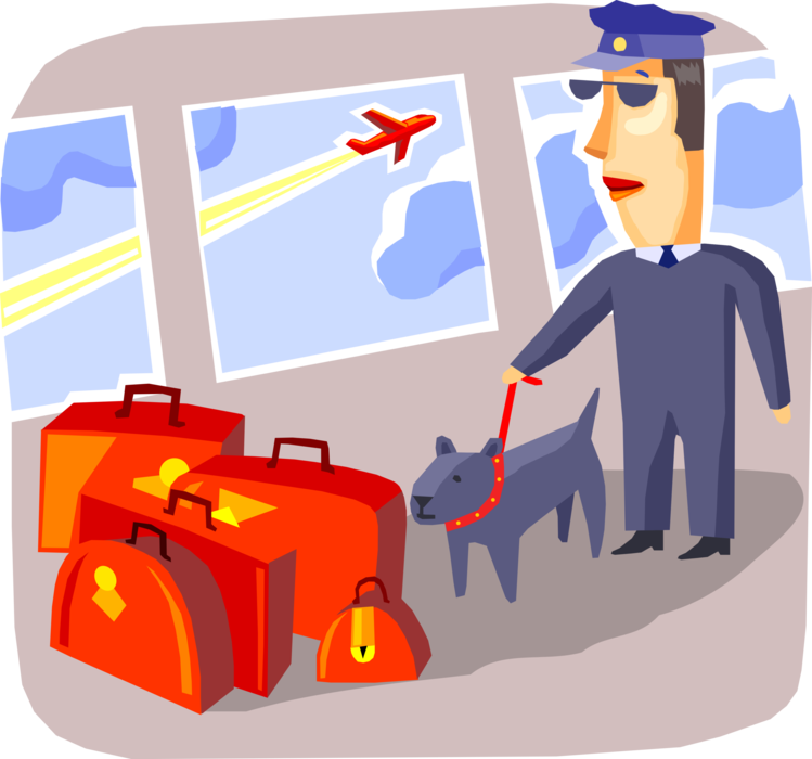 Vector Illustration of Airport Security Guard with Drug and Contraband Sniffing Dog and Luggage Baggage Suitcases