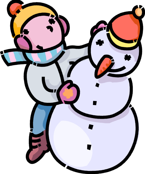 Vector Illustration of Primary or Elementary School Student Builds Snowman Anthropomorphic Snow Sculpture with Carrot Nose
