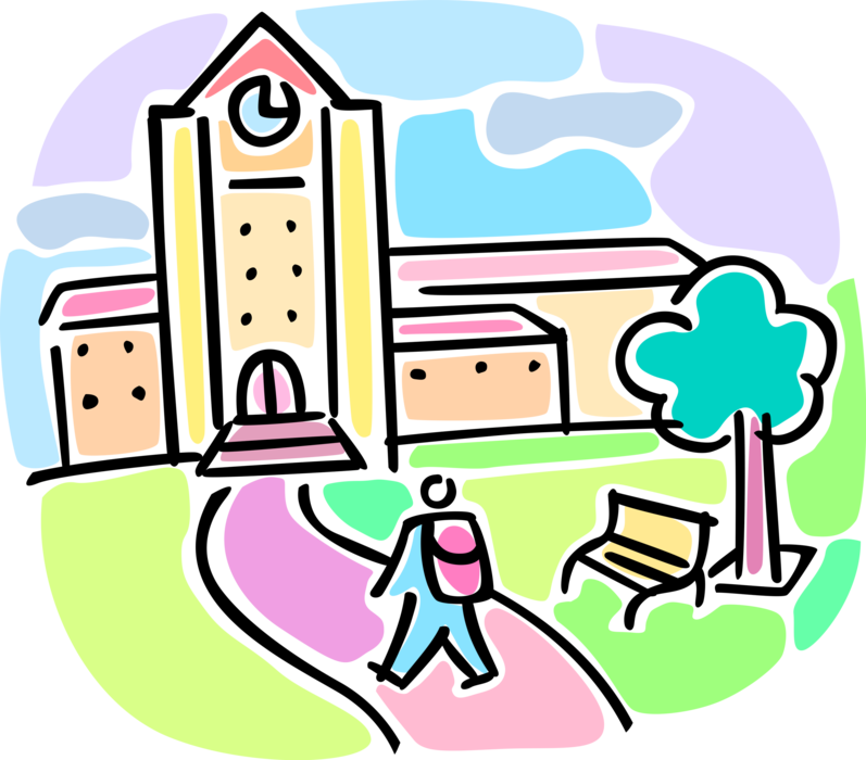 Vector Illustration of Schoolhouse School Building with Student Walking to Class