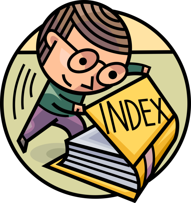 Vector Illustration of Man with Index Book Helps Reader Find Information Quickly and Easily