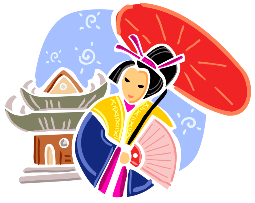 Vector Illustration of Japan Geisha in Traditional Kimono with Umbrella Parasol and Pagoda Temple