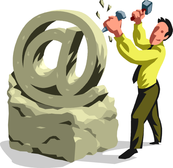 Vector Illustration of Successful Businessman Sculptor with Hammer and Chisel Sculpts Electronic Email @ Sign
