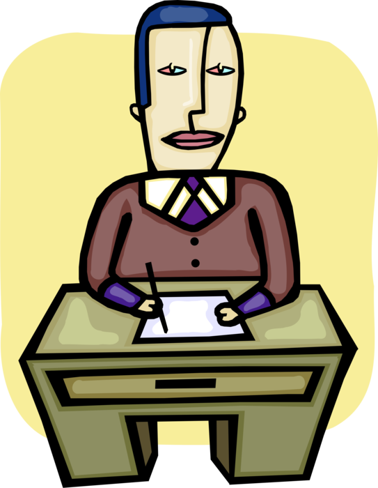 Vector Illustration of Businessman Works with Paperwork at Office Desk