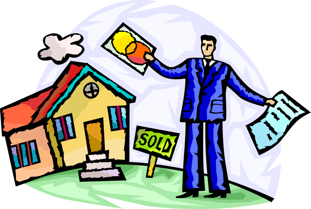 Vector Illustration of Businessman Homeowner Uses Credit Score to Secure Mortgage on New Real Estate Home Residence