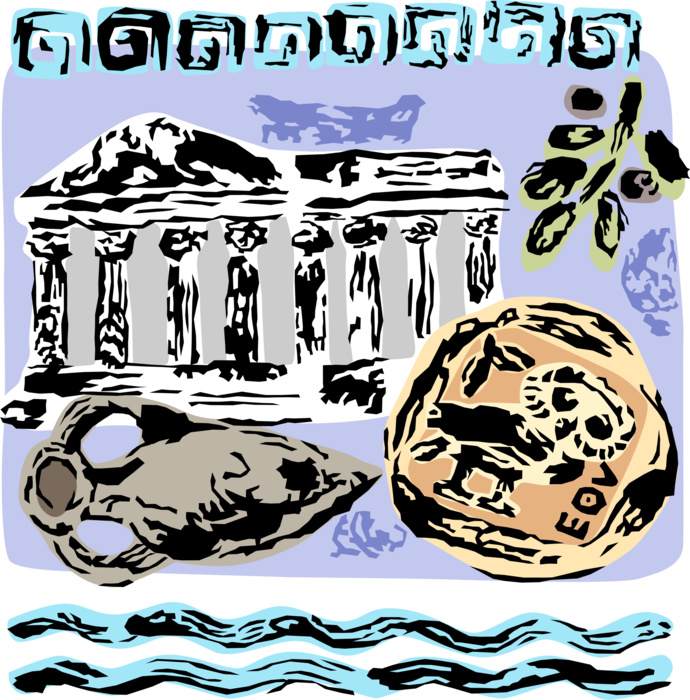 Vector Illustration of Greek Classical Greece Greek Acropolis Parthenon with Antique Vase and Artifacts