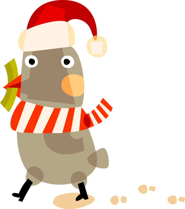 Vector Illustration of Santa Claus, Saint Nicholas, Saint Nick, Father Christmas, Helper Bird Wears Santa Hat