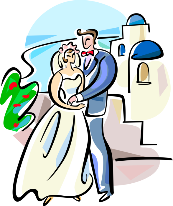 Vector Illustration of Greek Marriage Wedding on Island of Santorini in Aegean Sea