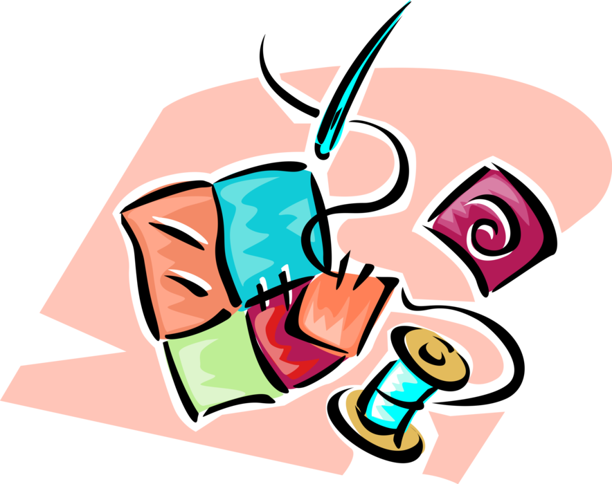 Vector Illustration of Sewing Needle and Thread with Quilt Fabrics