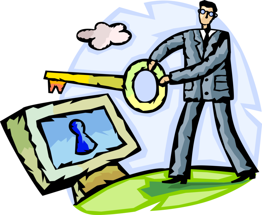 Vector Illustration of Businessman Holds Key to Online Internet Security
