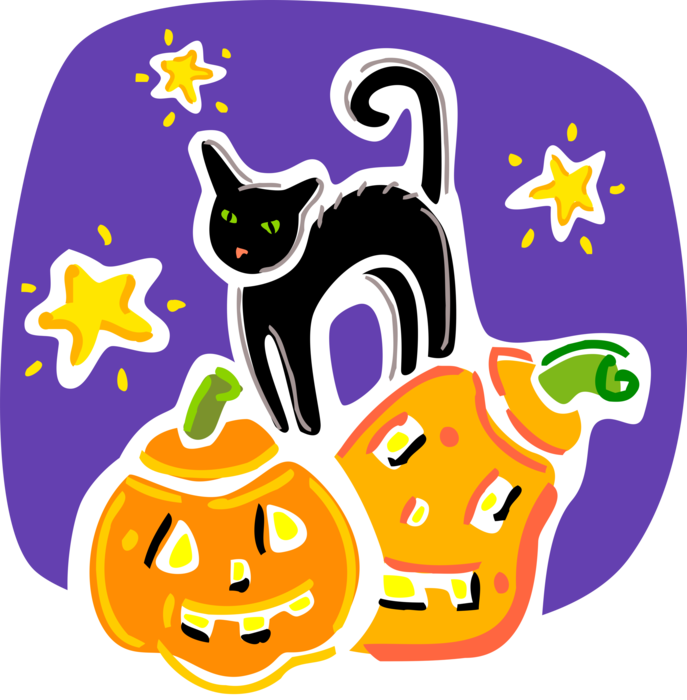 Vector Illustration of Halloween Black Cat Associated with Witchcraft, Ill Omens, and Death with Jack-o'-Lantern Pumpkins