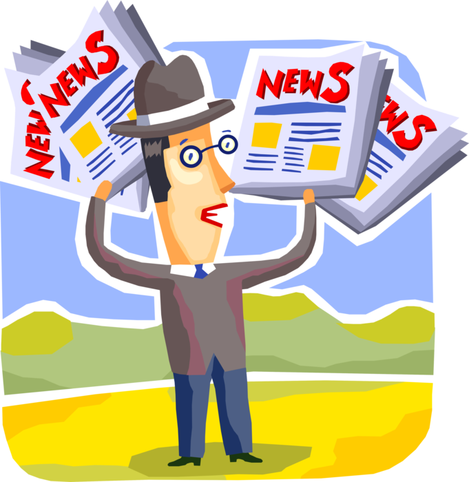 Vector Illustration of Businessman Announces News with Newspaper Serial Publication Containing Articles, and Advertising