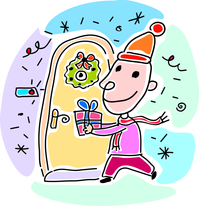 Vector Illustration of Delivering Gift Wrapped Christmas Present to Front Door of House for Gift Exchange