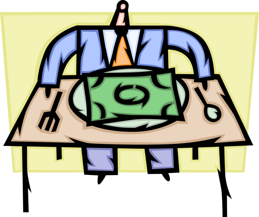 Vector Illustration of Greedy Pig Businessman Eats Cash Money Dollar for Dinner Meal