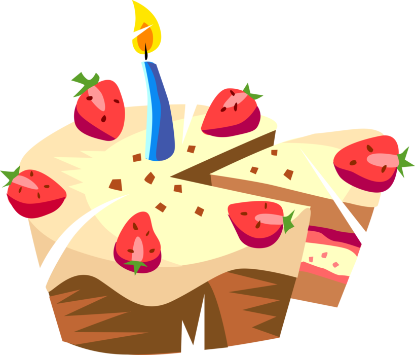 Vector Illustration of Sweet Dessert Baked Birthday Cake with Strawberries and Lit Candle