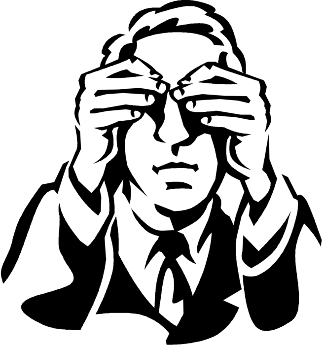 Vector Illustration of Businessman Covers Eyes with Hands to See No Evil
