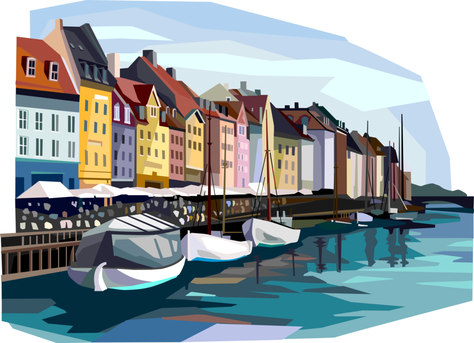 Vector Illustration of Copenhagen Langelinie Pier Nyhavn Canal, Denmark