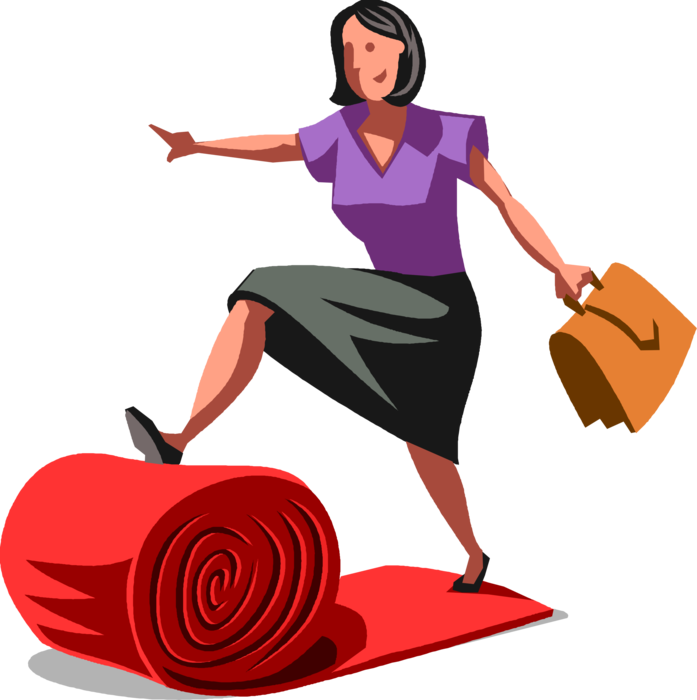 Vector Illustration of Businesswoman Rolls Out Red Carpet to Welcome Someone in Very Friendly Manner