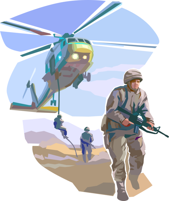 Vector Illustration of United States Navy Seals Rappelling on Ropes from Helicopter in Military Special Ops Mission